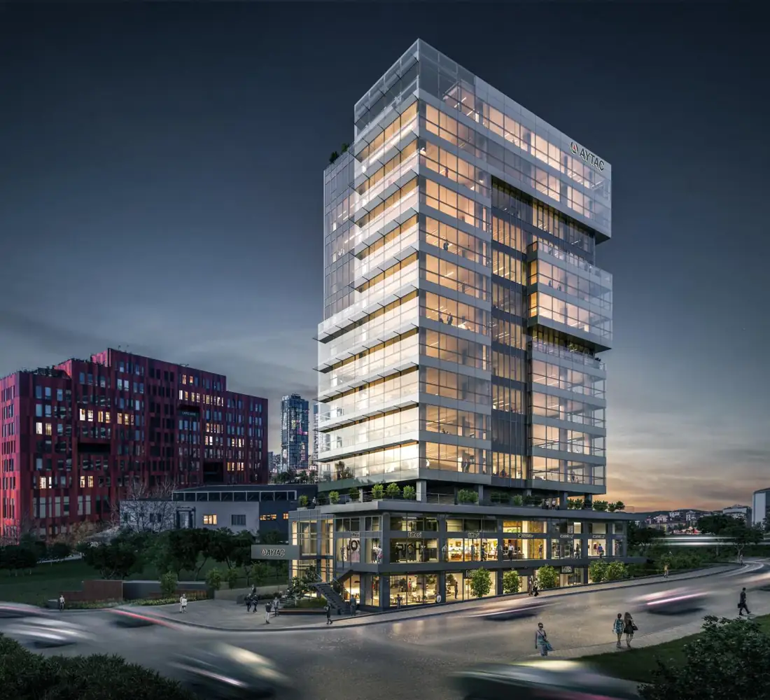 Aytaç Office tower rendering at dusk